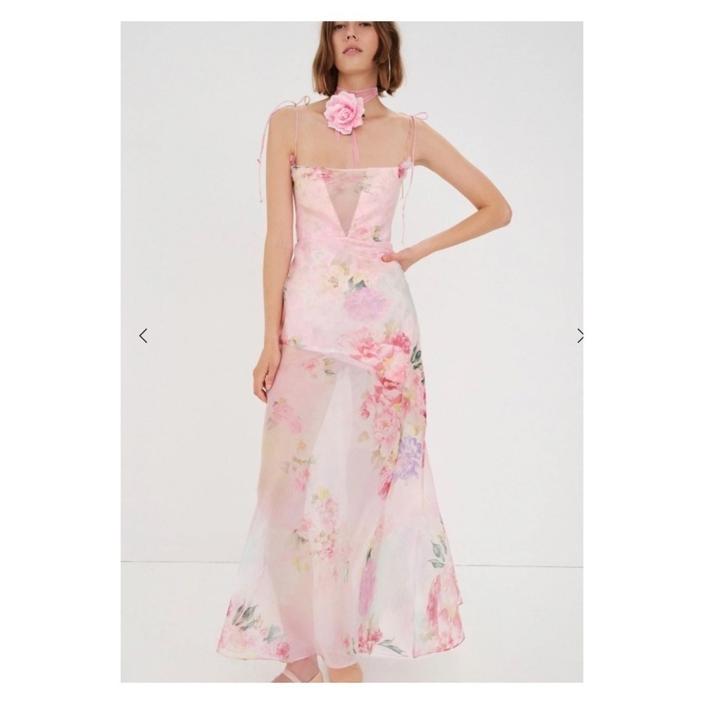 For Love & Lemons Pink Floral Chiffon Maxi Dress Small NWT Romantic - Picture 6 of 16